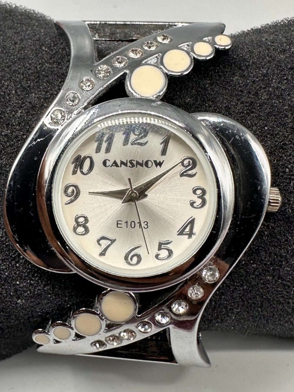 3/$30 Cansnow Watch Womens Silver Tone Rhinestone Swirl Wide Cuff Band
